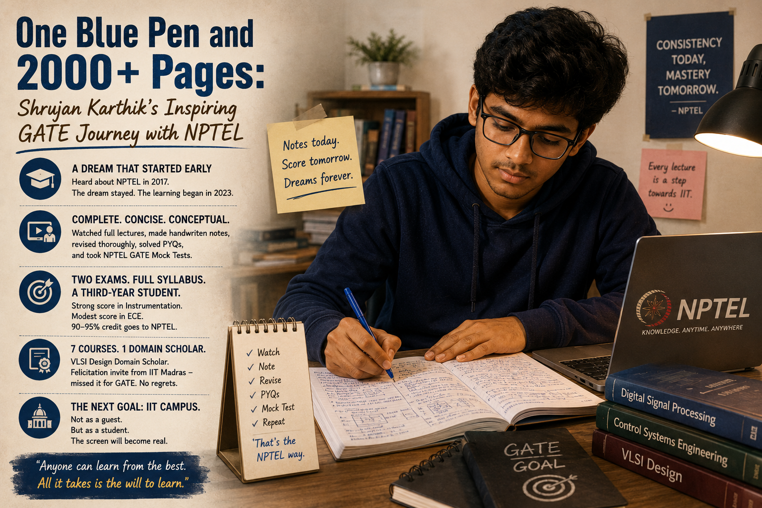 One Blue Pen and 2000+ Pages: Shrujan Karthik’s Inspiring GATE Journey with NPTEL